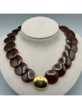 Vintage Tortoise Brown Lucite Round Disc Gold Tone Choker Collar Necklace 16"